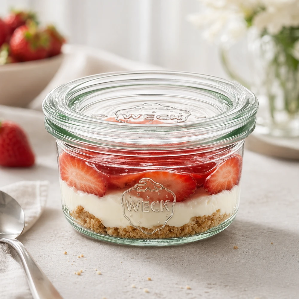 Copos WECK de 50 ml RR60 com sobremesa em camadas de morangos e natas como doseamento elegante numa bancada branca