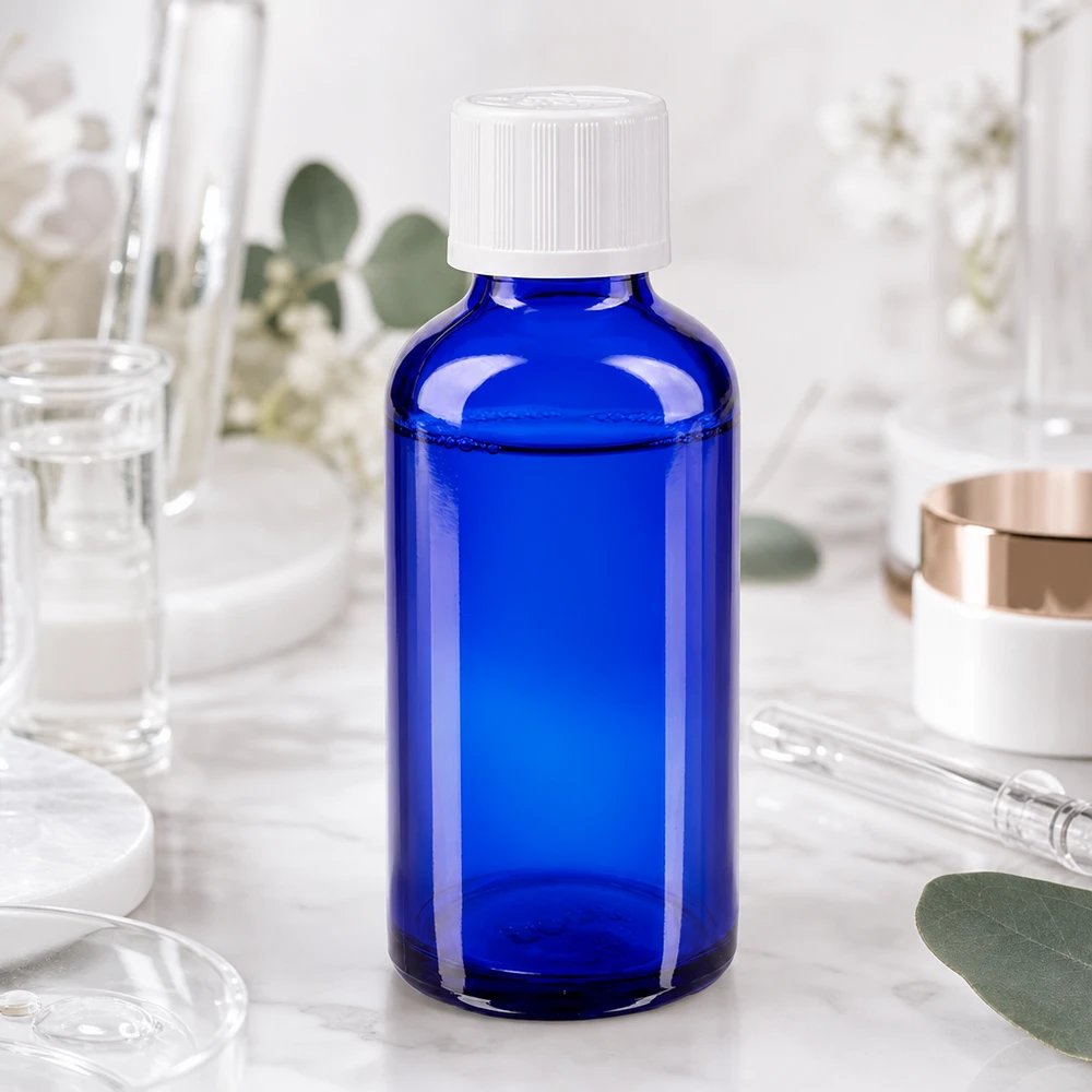 Frasco de farmácia azul cobalto de 50 ml com tampa de segurança para crianças branca, num ambiente de laboratório