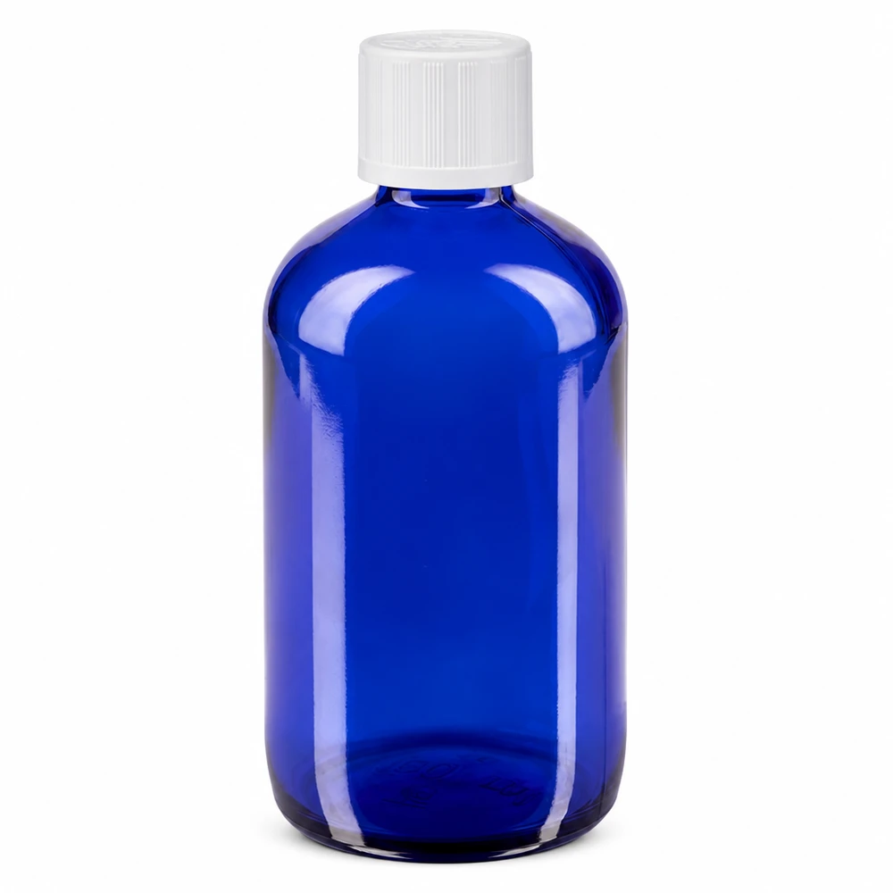 Frasco de farmácia azul 100ml tampa conta-gotas branco padrão de segurança para crianças Frasco de vidro azul de farmácia de 100 ml com tampa de segurança para crianças branca e aplicador de gotas de 1,2 mm