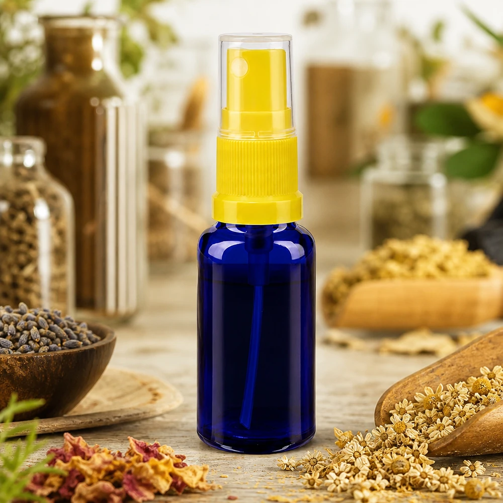 Frasco pulverizador de 20 ml em vidro azul de farmácia com pulverizador amarelo, entre ervas secas