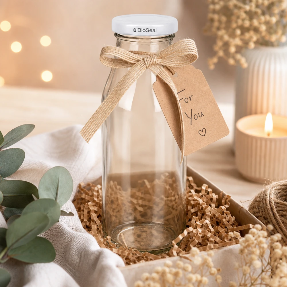 Frasco de 263ml com tampa BioSeal branca UNiTWIST UNiTWIST Bottle263 Glasflasche mit weißem TO43 BioSeal Deckel als Geschenk dekoriert mit Schleife und Anhänger