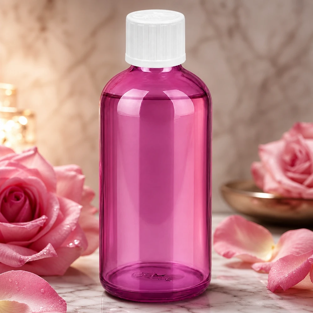 Frasco conta-gotas de 100 ml com tampa de rosca inviolável de 1,2 mm de vidro branco padrão resistente a crianças PurpleLine. UT18/100 Frasco de vidro violeta de 100 ml com tampa de rosca branca e conta-gotas de 1,2 mm para óleos essenciais