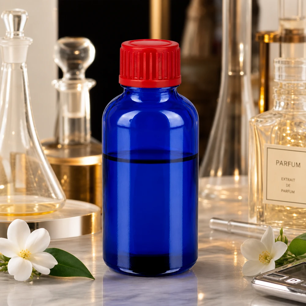 Frasco de 30 ml em vidro azul com proteção UV e tampa vermelha para substâncias sensíveis à luz