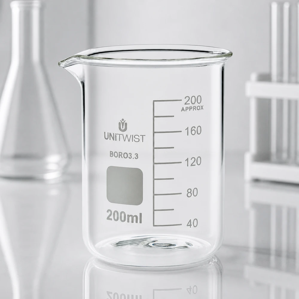 Copo de vidro UNiTWIST de 200 ml, de borossilicato, de formato baixo, com área de rotulagem branca, para uso em laboratório