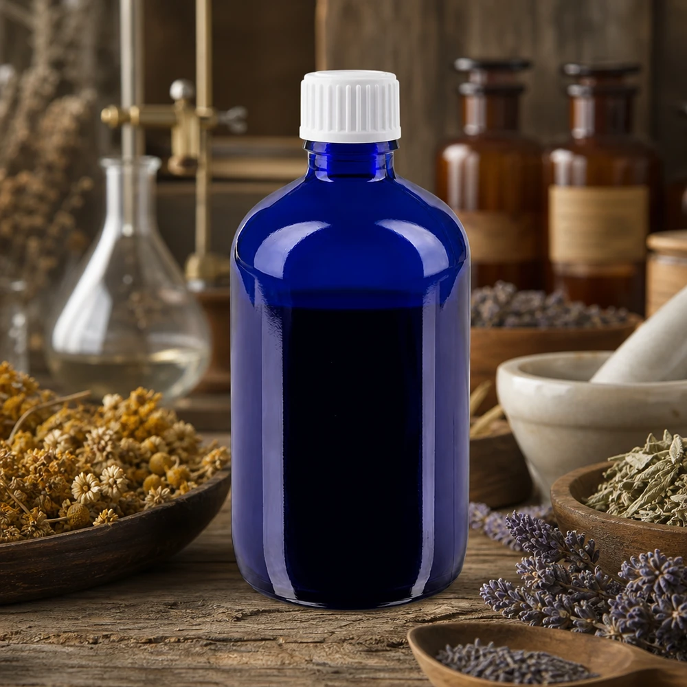 Frasco de farmácia azul 100ml tampa conta-gotas branco 0.8mm standard Frasco ApoGlas azul de 100 ml com tampa branca STD sobre uma mesa de madeira, entre ervas medicinais secas