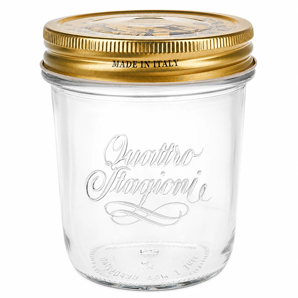 320ml Sturzglas "Quattro Stagioni" mit Deckel Frasco Quattro Stagioni de 320 ml com tampa dourada Fabricado em Itália Frasco de conserva para compotas e conservas