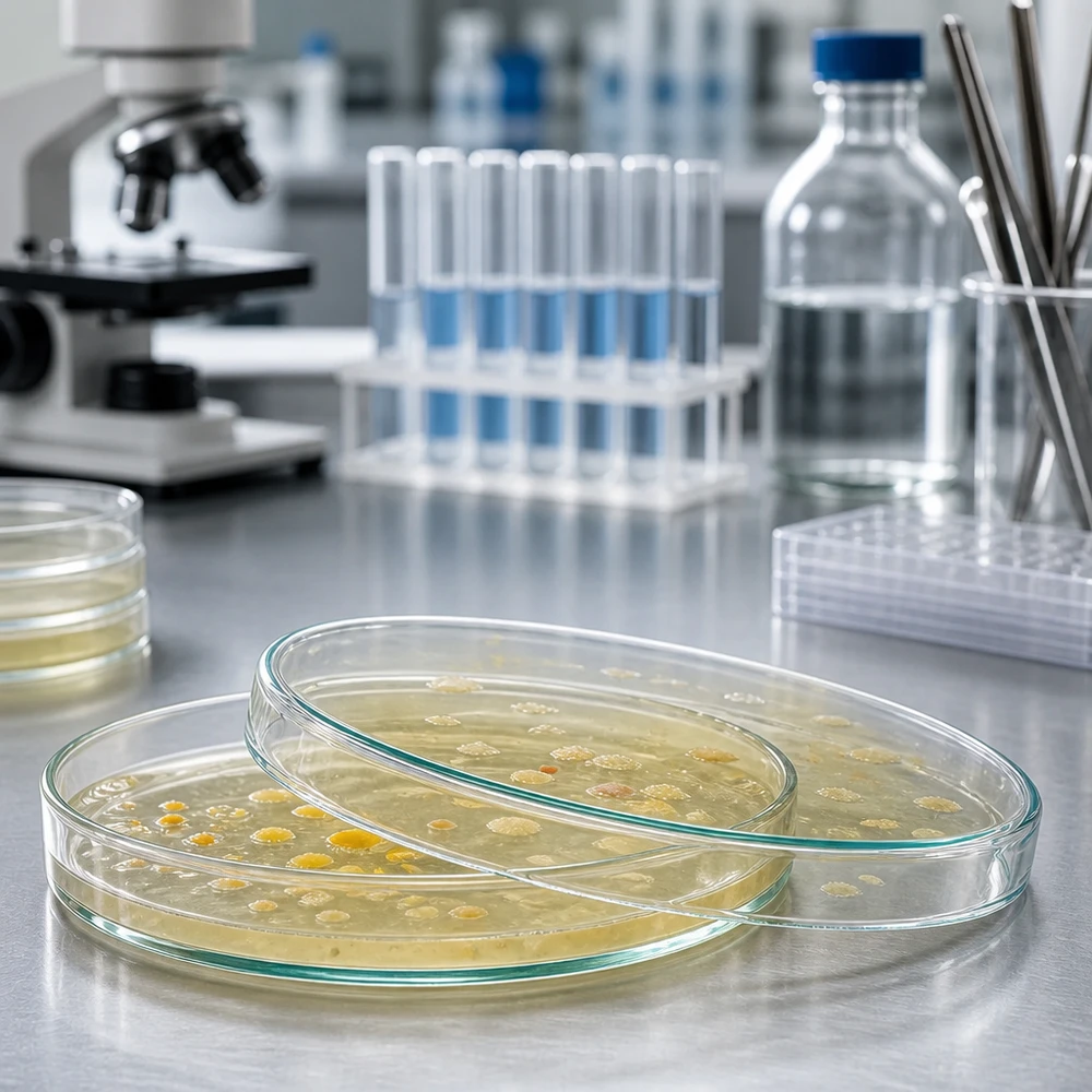 Três placas de Petri de vidro de 120 x 20 mm com culturas bacterianas num meio de cultura amarelo no laboratório