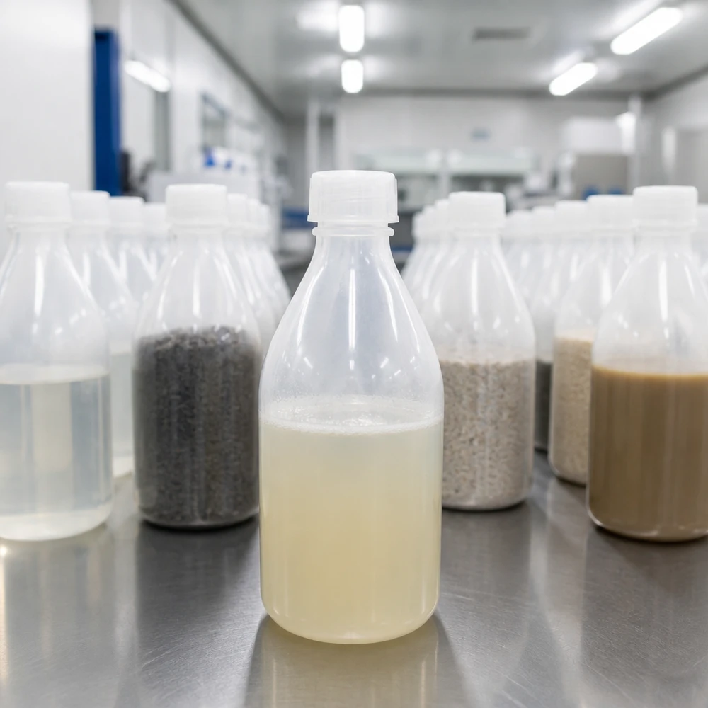 Frasco de 100ml com rosca, frasco de laboratório com gargalo estreito Várias garrafas de 100 ml com gargalo estreito e tampa de rosca, contendo diversas amostras, tais como granulado de areia e líquido, no laboratório