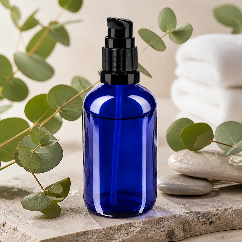 Frasco de farmácia azul 100ml tampa da bomba preto padrão Frasco de vidro de farmácia azul de 100 ml com bico dosador preto, entre ramos de eucalipto e pedras de spa