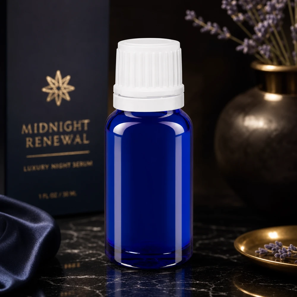 Frasco de farmácia azul de 10 ml com tampa branca à prova de crianças sobre fundo de mármore preto