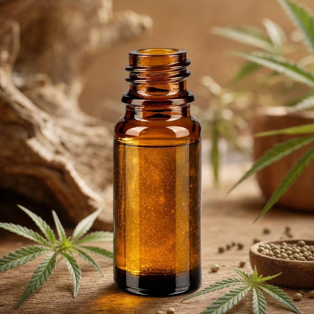Frasco conta-gotas 10 ml DIN 18 em vidro âmbar Frasco de farmácia castanho ApoGlas de 10 ml com extrato de cannabis e sementes de cânhamo sobre um fundo de madeira rústica