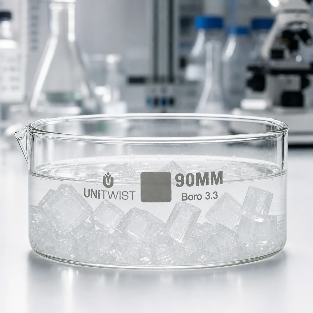 Taça de vidro plana de 90 mm com cubos de gelo, em vidro borossilicato de laboratório UNiTWIST Boro 3.3