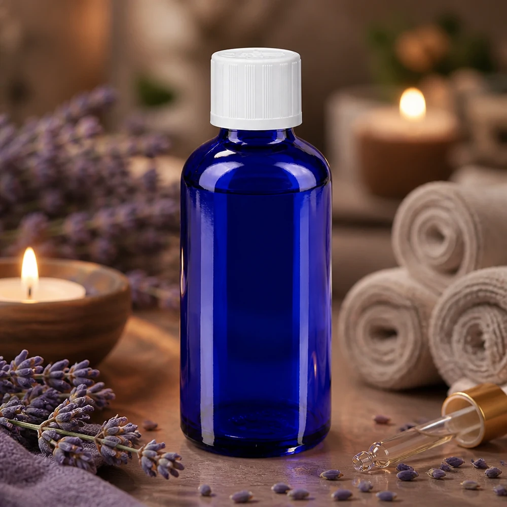 Frasco de vidro azul de 50 ml com tampa de segurança para crianças branca, entre flores de lavanda e velas