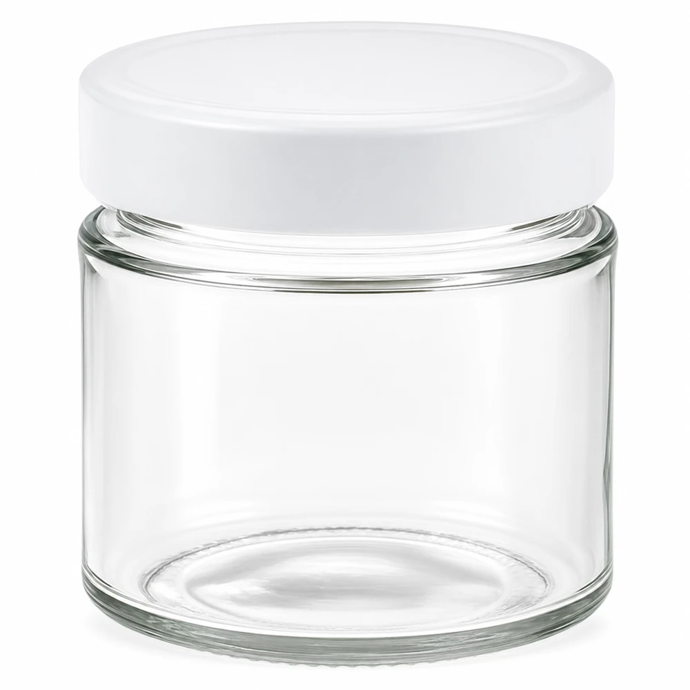 Frasco redondo de vidro de 135 ml + tampa BasicSeal branca profunda UNiTWIST Frasco redondo de 135 ml com tampa BasicSeal branca Frasco de vidro vazio transparente para guardar cosméticos e alimentos