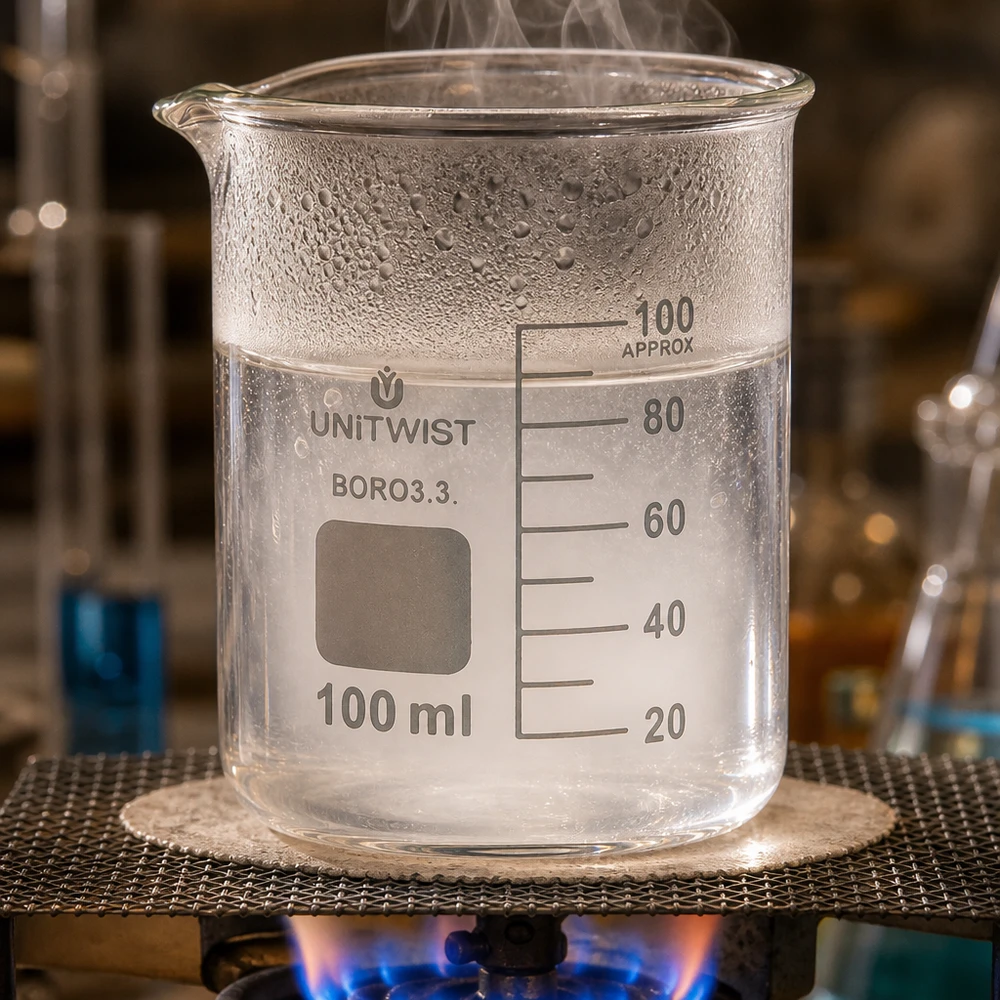 O copo de vidro UNiTWIST de 100 ml, de borossilicato e de formato baixo, é aquecido num bico de Bunsen