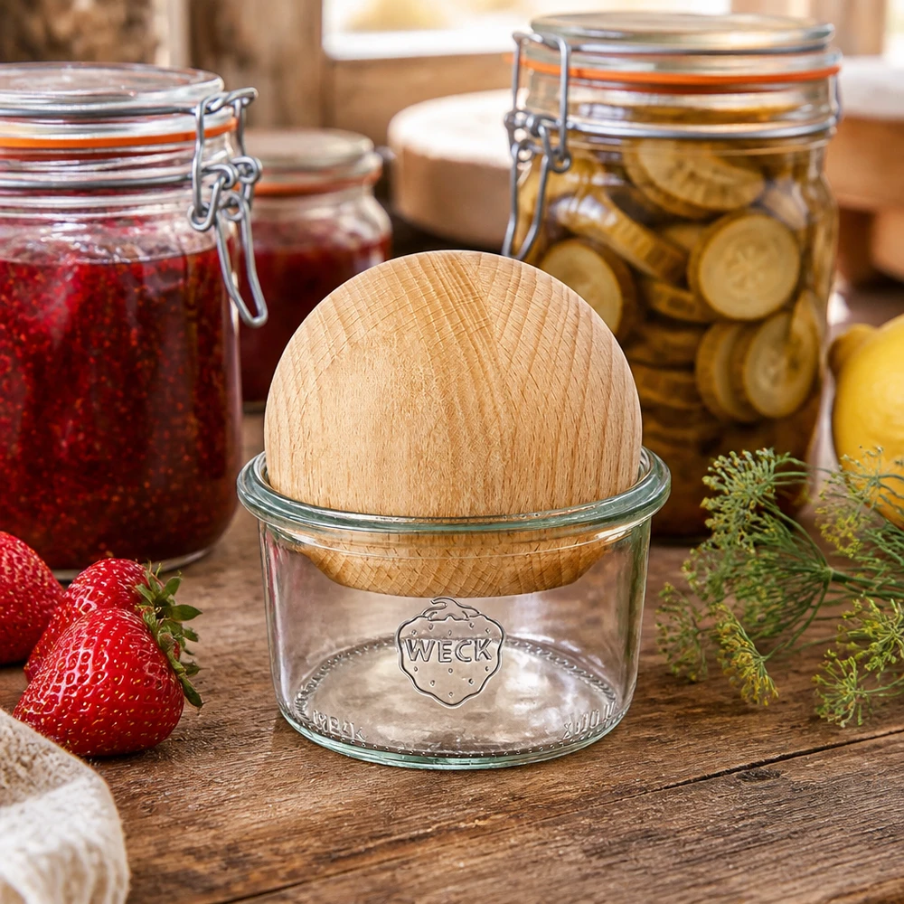 Copos de vidro WECK RR80 de 200 ml com bola de madeira de faia Frasco de vidro WECK 200ml RR80 num ambiente de cozinha natural com frascos de conserva e alimentos frescos