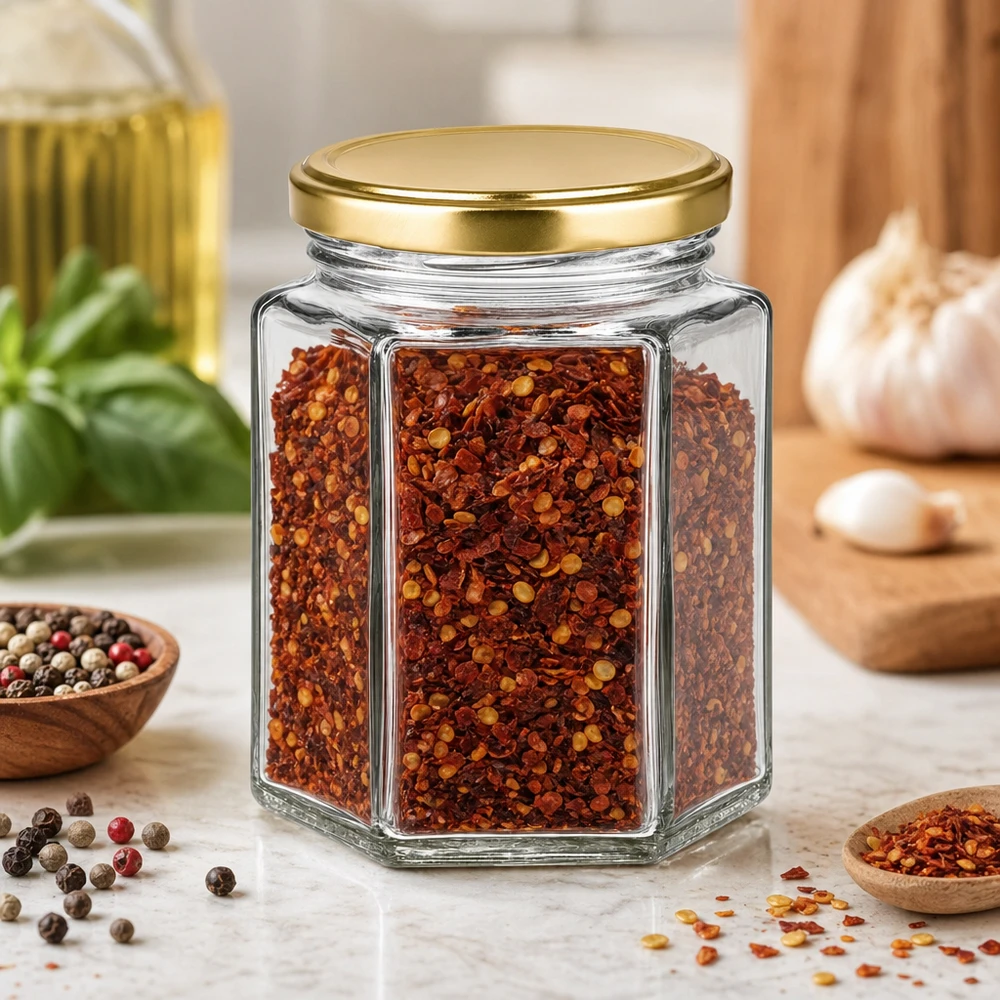 250g Honigglas mit goldenem Deckel BasicSeal UNiTWIST Frasco de mel de 250 g BasicSeal hexagonal cheio de malagueta na cozinha de especiarias entre grãos de pimenta e ervas