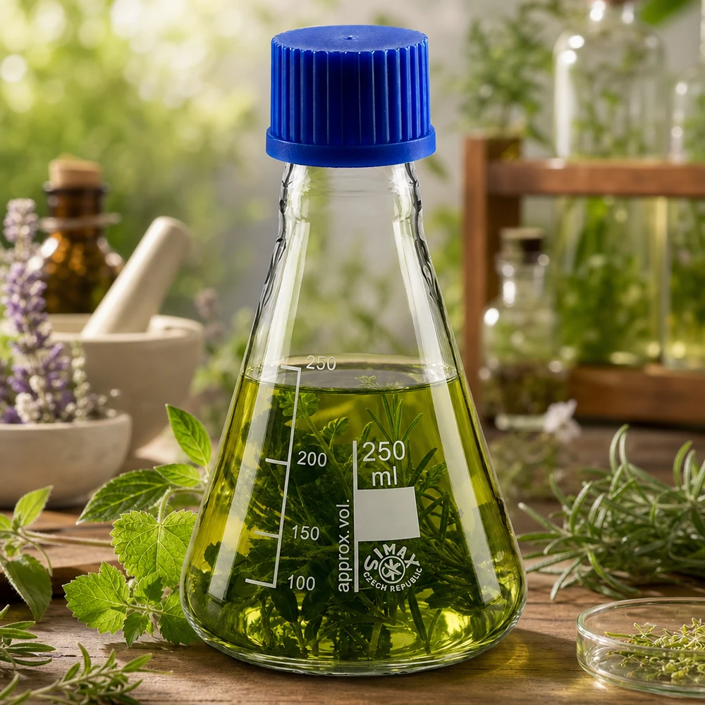 Frasco Erlenmeyer de 250 ml com marcas de medição e tampa azul para determinação exacta do volume