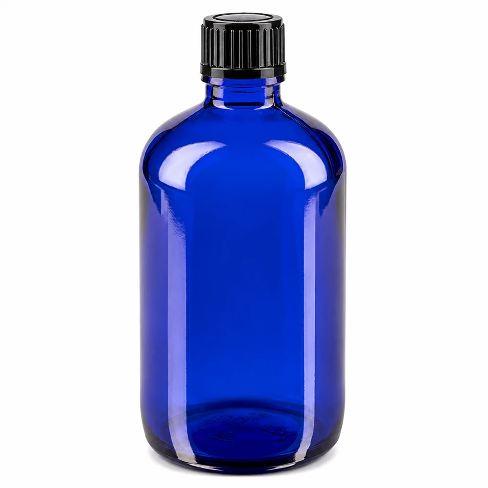 Frasco de vidro azul de farmácia de 100 ml com tampa de rosca preta de 11 mm