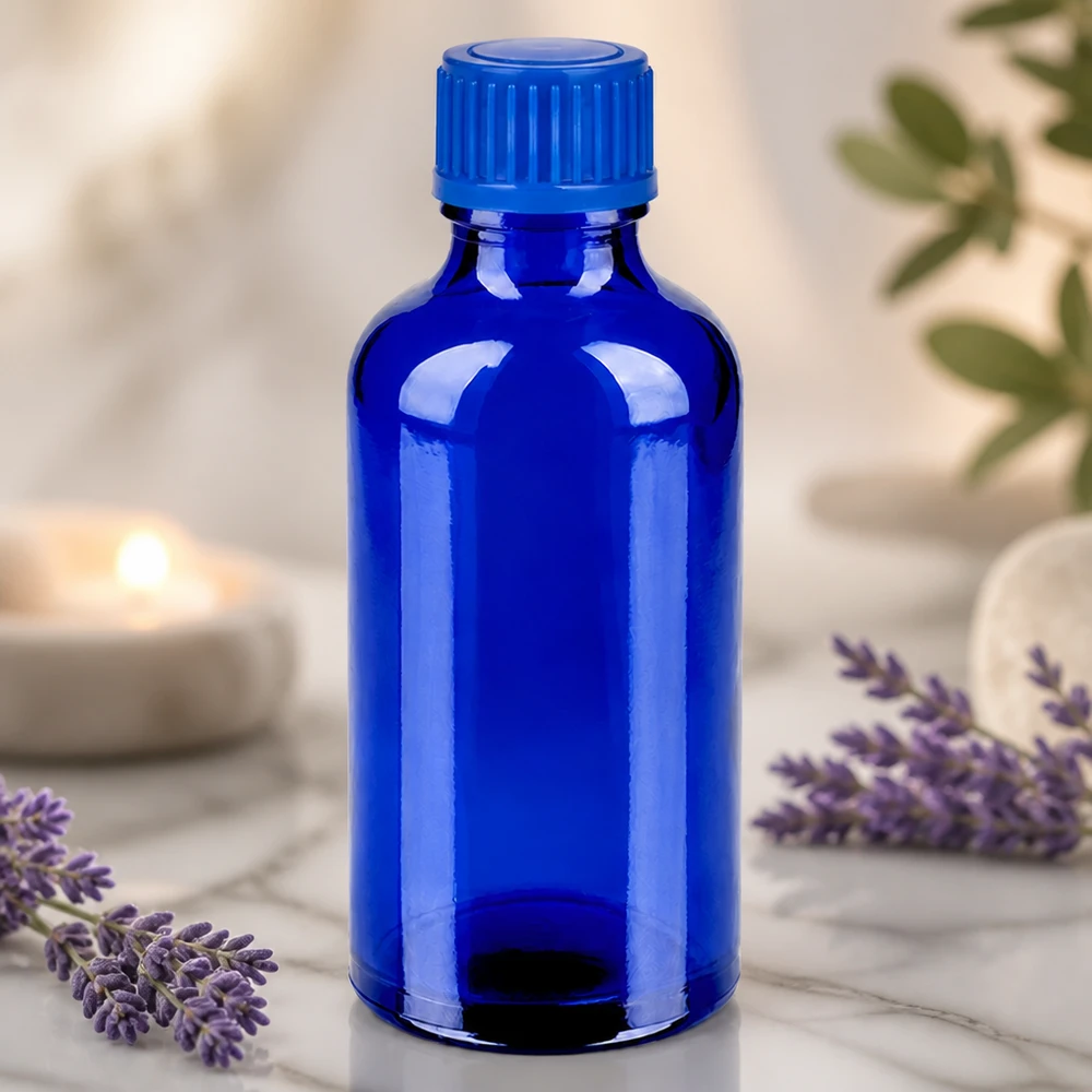 Frasco de vidro de 50 ml de qualidade superior em azul-cobalto profundo para aplicações profissionais de aromaterapia
