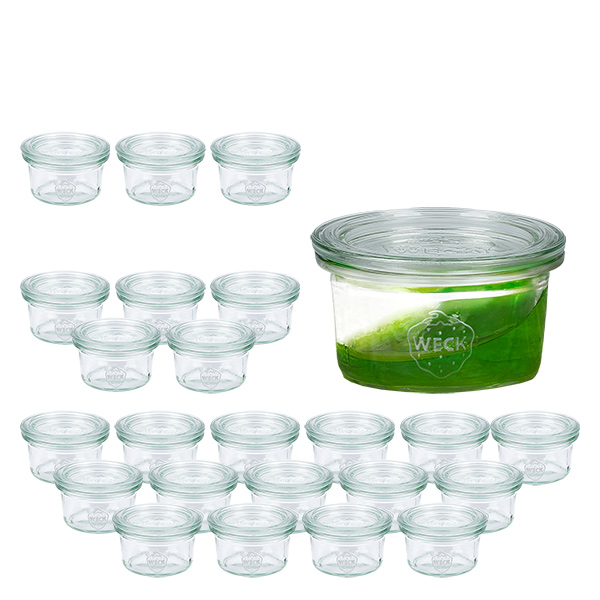 Conjunto de 24 copos de vidro Weck 50ml com 24 tampas de vidro Conjunto de 24 copos de vidro Weck 50ml com 24 tampas de vidro