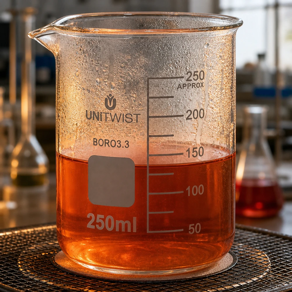 Copo 250 ml de borossilicato, baixo teor de bolor UNiTWIST Copo de vidro UNiTWIST de 250 ml, de borossilicato, de formato baixo, com líquido laranja sobre uma grelha de laboratório