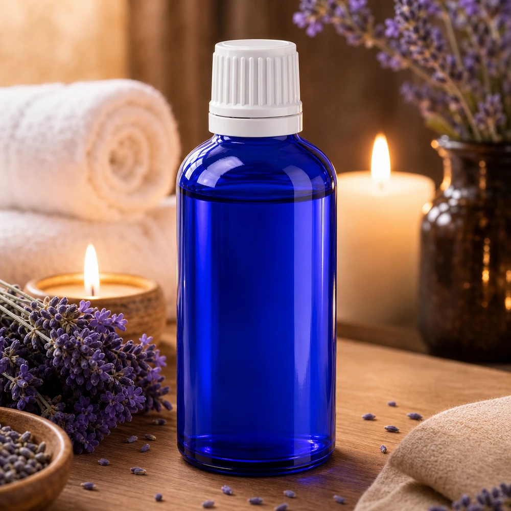 Frasco conta-gotas azul de 50 ml em vidro de farmácia com tampa original branca para óleos essenciais