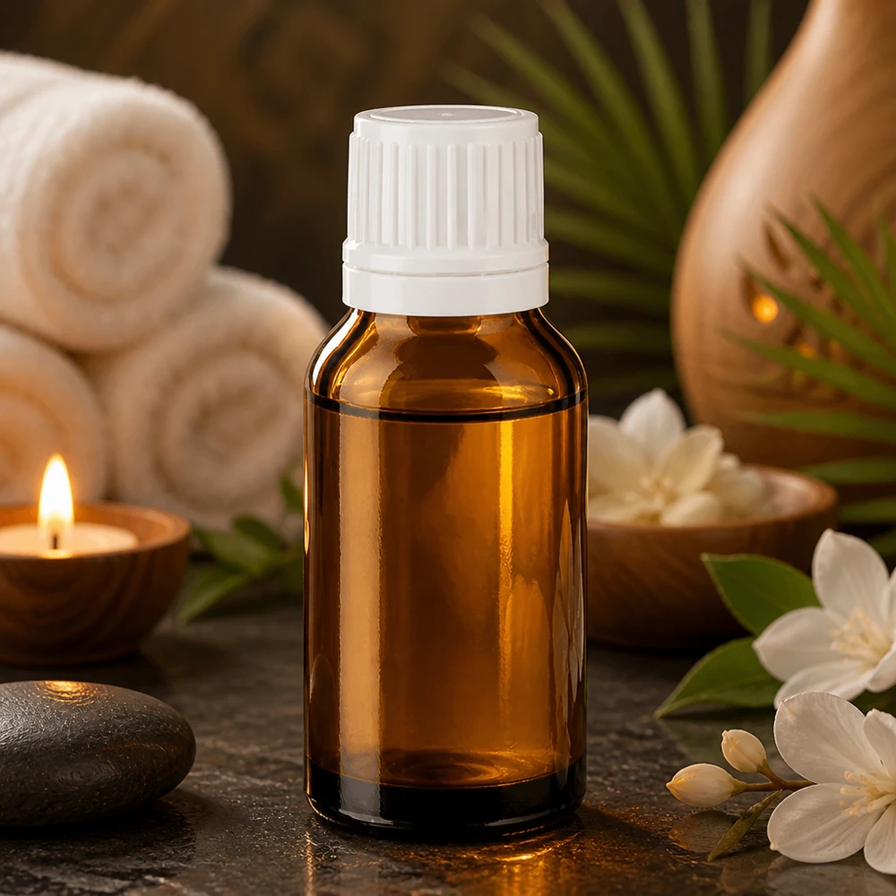 Frasco conta-gotas castanho de 15 ml com tampa branca, entre flores brancas e pedras de massagem num spa