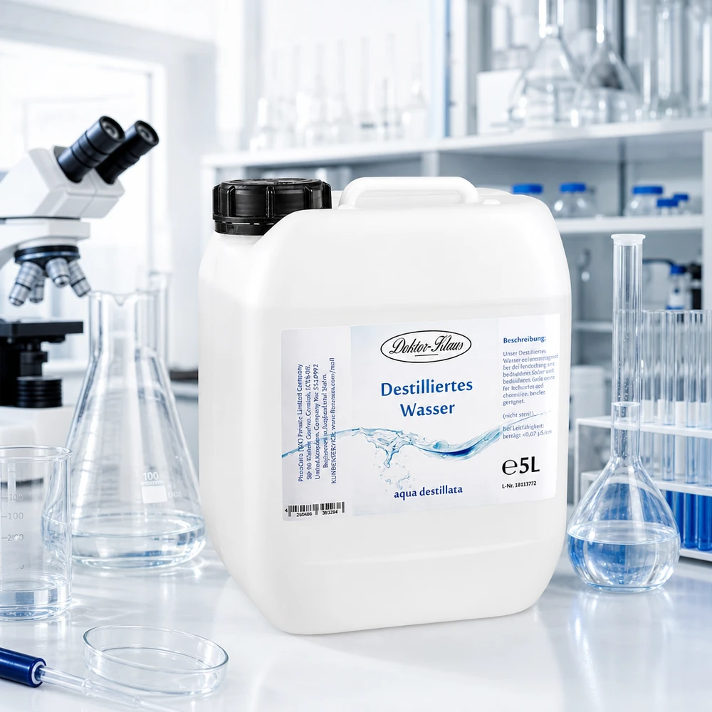 Água destilada 5L Doktor-Klaus Recipiente de 5 litros de água destilada Doktor-Klaus em ambiente laboratorial esterilizado com microscópio e frasco de vidro