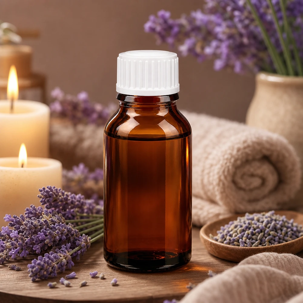 Frasco de farmácia de 15 ml, castanho, com tampa conta-gotas branca de 0,8 mm, rodeado por flores de lavanda e velas