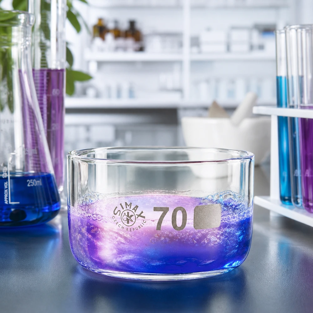 Prato de cristalização de 100ml sem bico em borosilicato ø70mm Bacete de cristalização Simax de 100 ml com solução de reação azul-violeta e bolhas efervescentes — experiência de laboratório