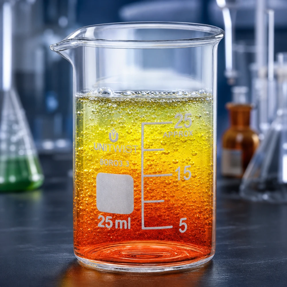 Copo 25 ml de borossilicato, molde baixo UNiTWIST Copo de vidro UNiTWIST de 25 ml, de formato baixo, com gradiente de cor laranja-amarelo e formação de bolhas