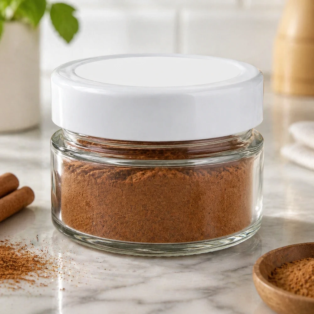 O frasco redondo de 80 ml cheio de pó castanho mostra uma utilização prática para especiarias e armazenamento na cozinha