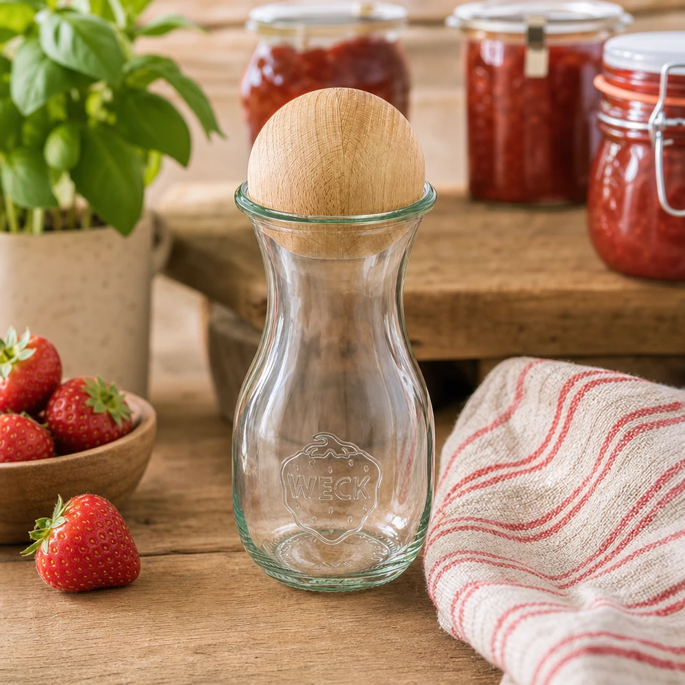 290ml Saftflasche WECK RR60 mit Holzkugel Buche Garrafa de vidro WECK 290ml RR60 com rolha de faia numa cozinha rústica ao lado de morangos e frascos de compota
