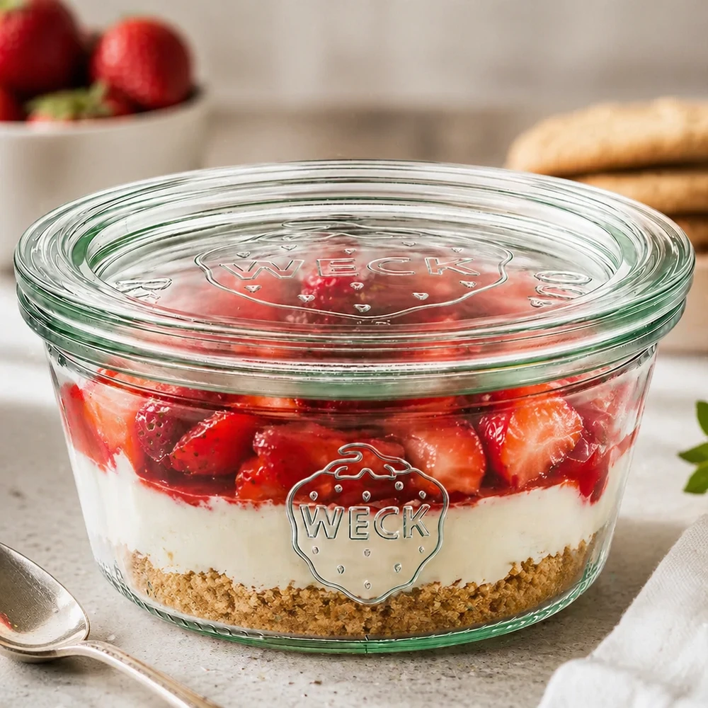 Os copos WECK de 290 ml RR100 cheios de sobremesa com camadas de morango mostram uma utilização versátil como frasco de sobremesa com tampa de vidro
