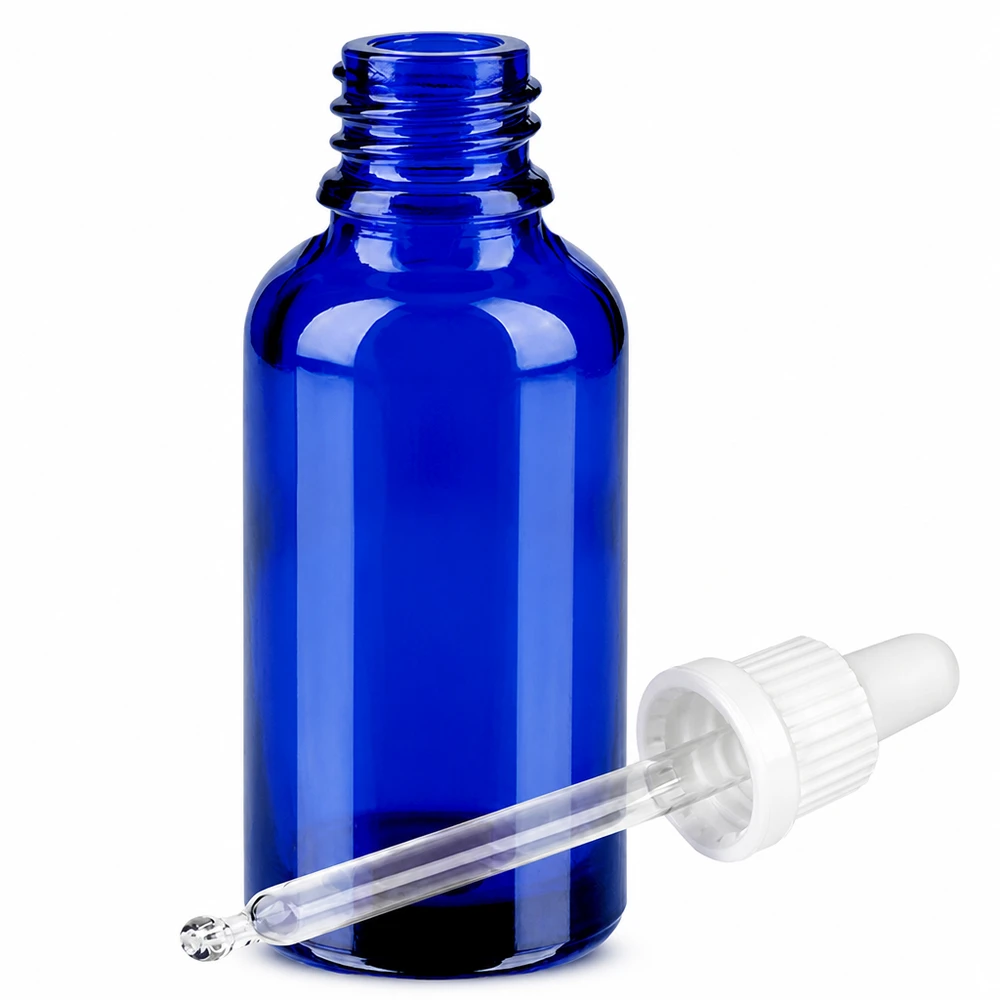 Frasco pipeta de 30ml branco com fecho inviolável BlueLine UT18/30 Frasco de vidro de 30 ml com pipeta para óleos essenciais BlueLine UT18 DIN18 rosca azul cobalto