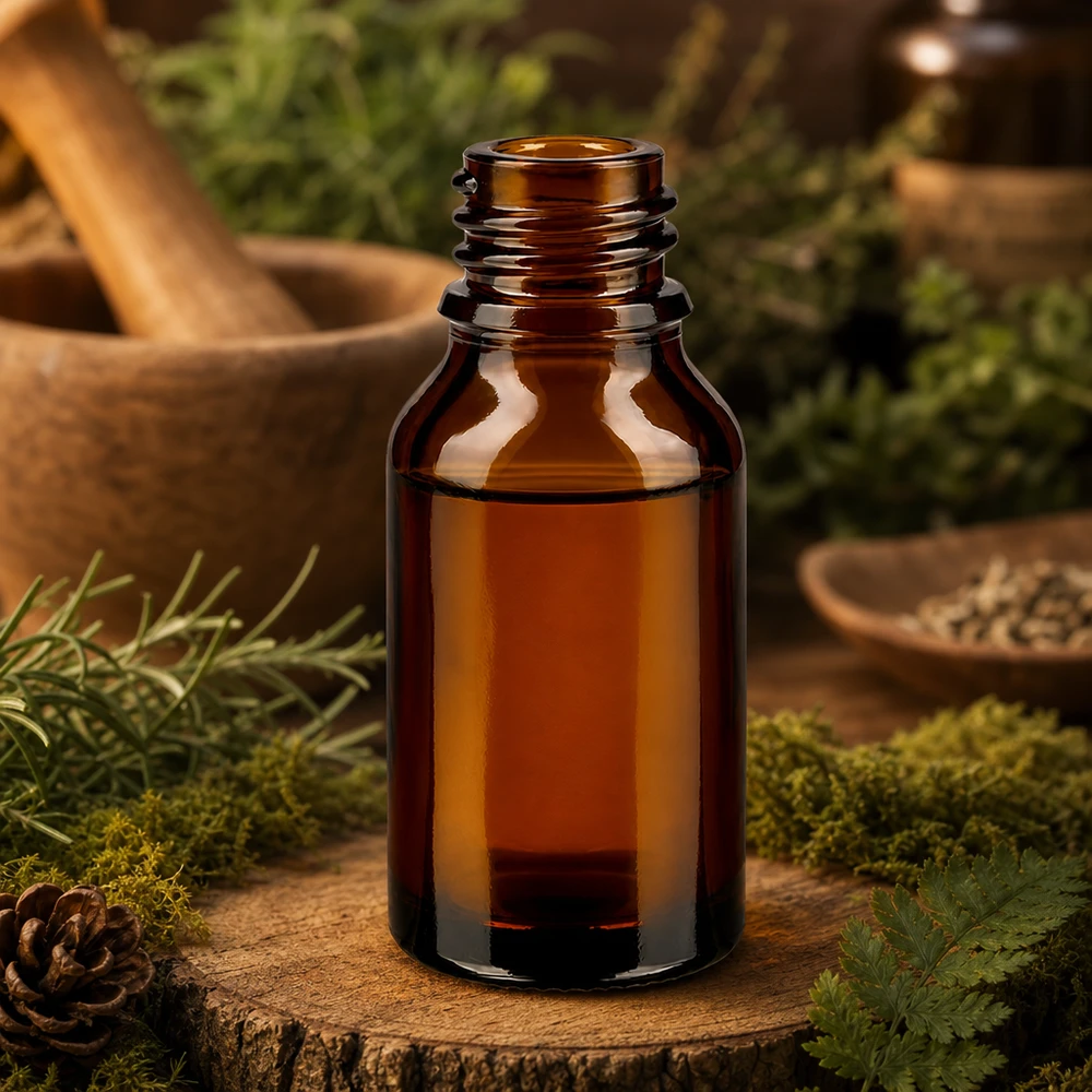 Frasco de farmácia ApoGlas castanho de 30 ml em forma alta com pinhas de musgo cosméticos naturais ambiente florestal tigela de madeira