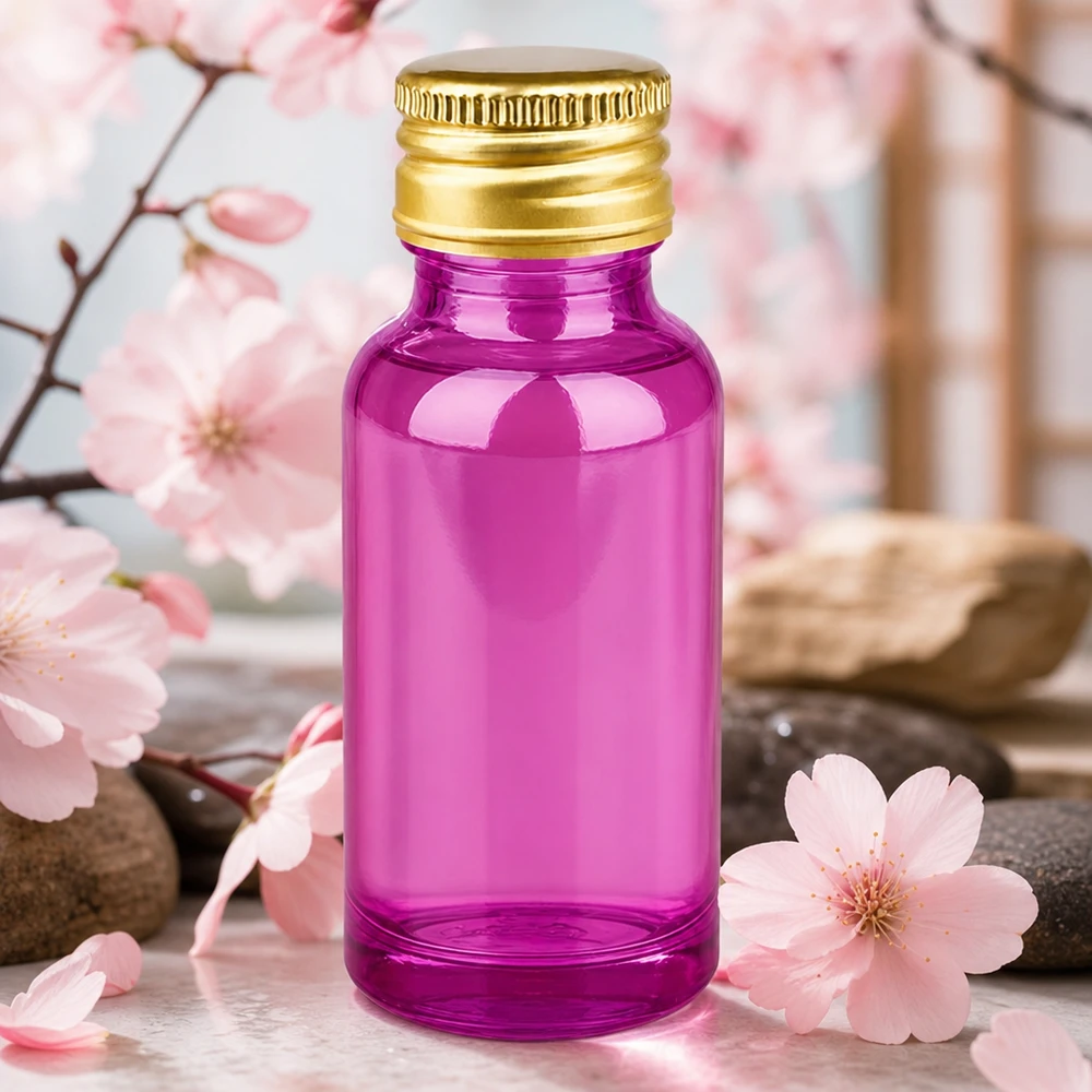 Frasco de vidro violeta de 20 ml para aromaterapia e óleos essenciais com tampa dourada