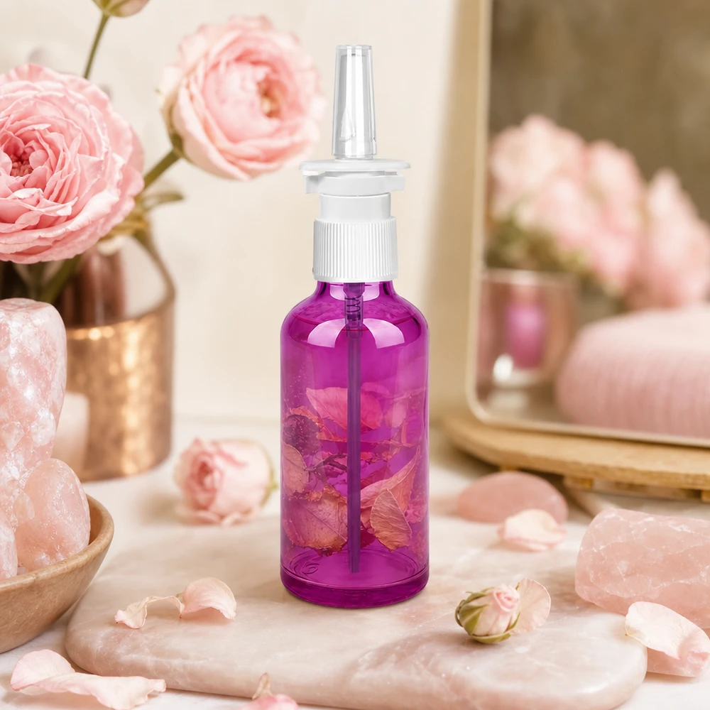 Frasco de spray nasal de 50 ml de alta qualidade com cabeça de spray branca em roxo elegante para aromaterapia