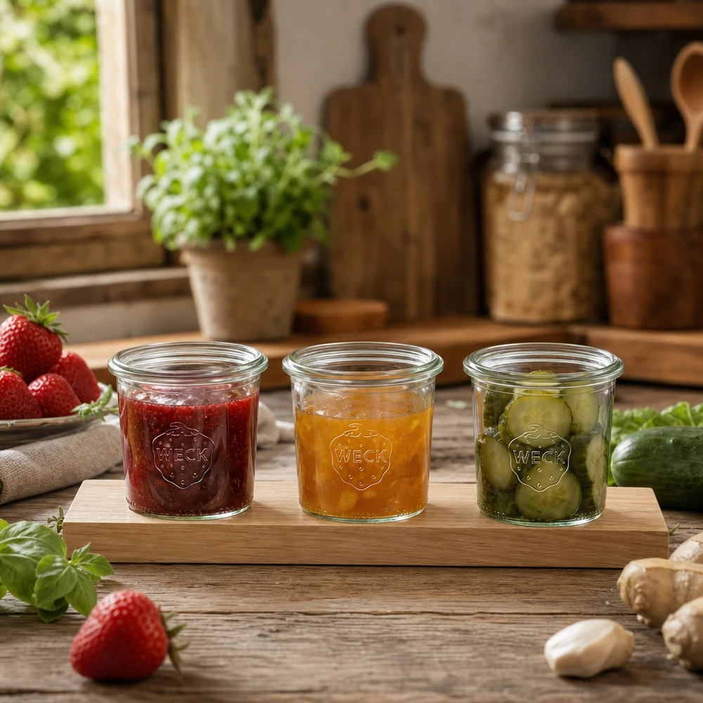Frascos WECK de 140 ml numa tábua de servir com compota e pepinos em conserva numa cozinha rústica com ervas aromáticas