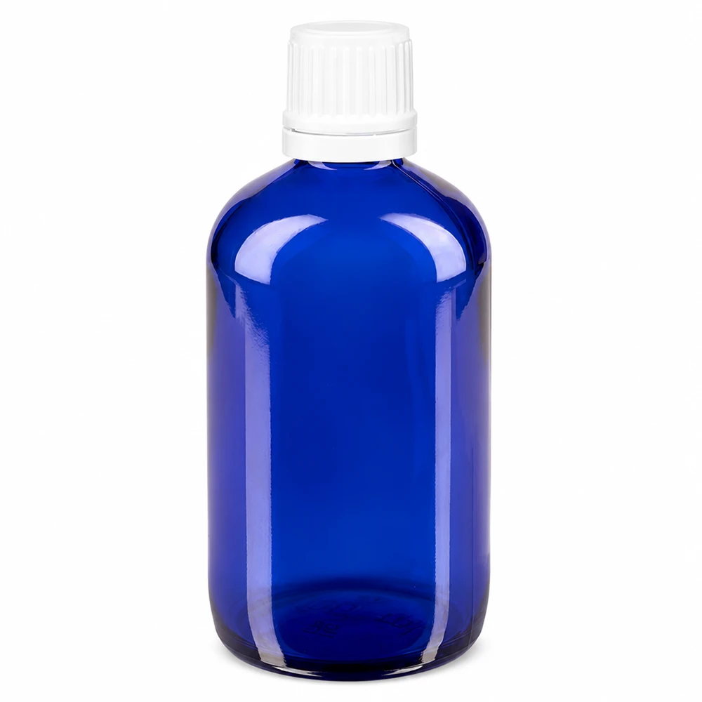 Frasco de vidro azul de farmácia com 100 ml, com tampa de rosca branca e selo de originalidade de 11 mm