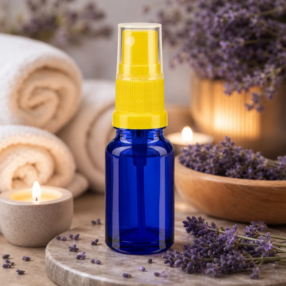 Frasco de spray pequeno de 10 ml com bomba amarela para óleos essenciais e aromaterapia BlueLine UT18 10