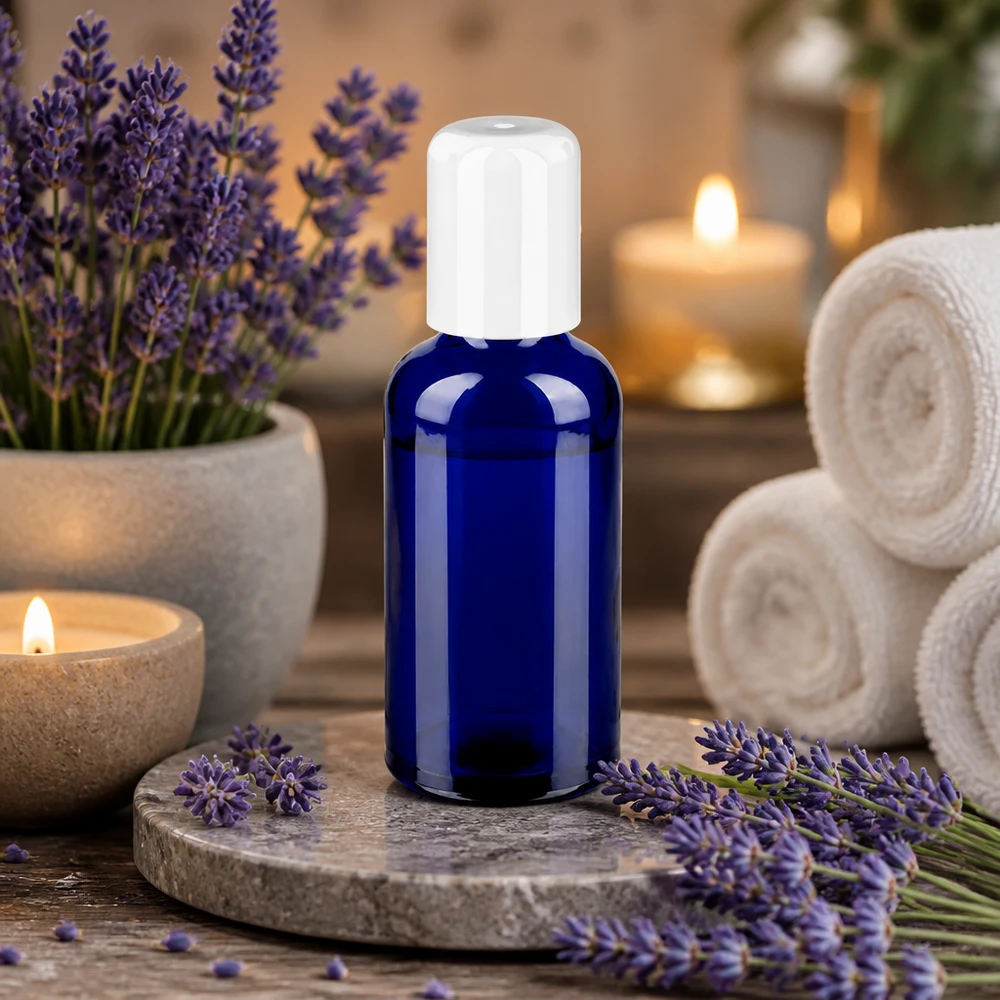 Frasco roll-on de 50ml branco com tampa standard BlueLine UT18/50 Frasco de vidro azul de 50 ml com tampa de enrolar para aromaterapia e produtos de cuidados naturais