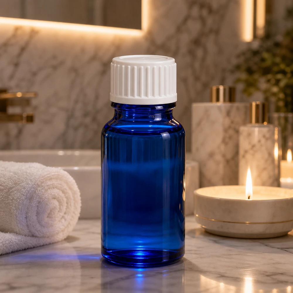 Frasco de farmácia azul de 10 ml, em vidro cobalto, com tampa padrão branca de 11 mm, à prova de luz