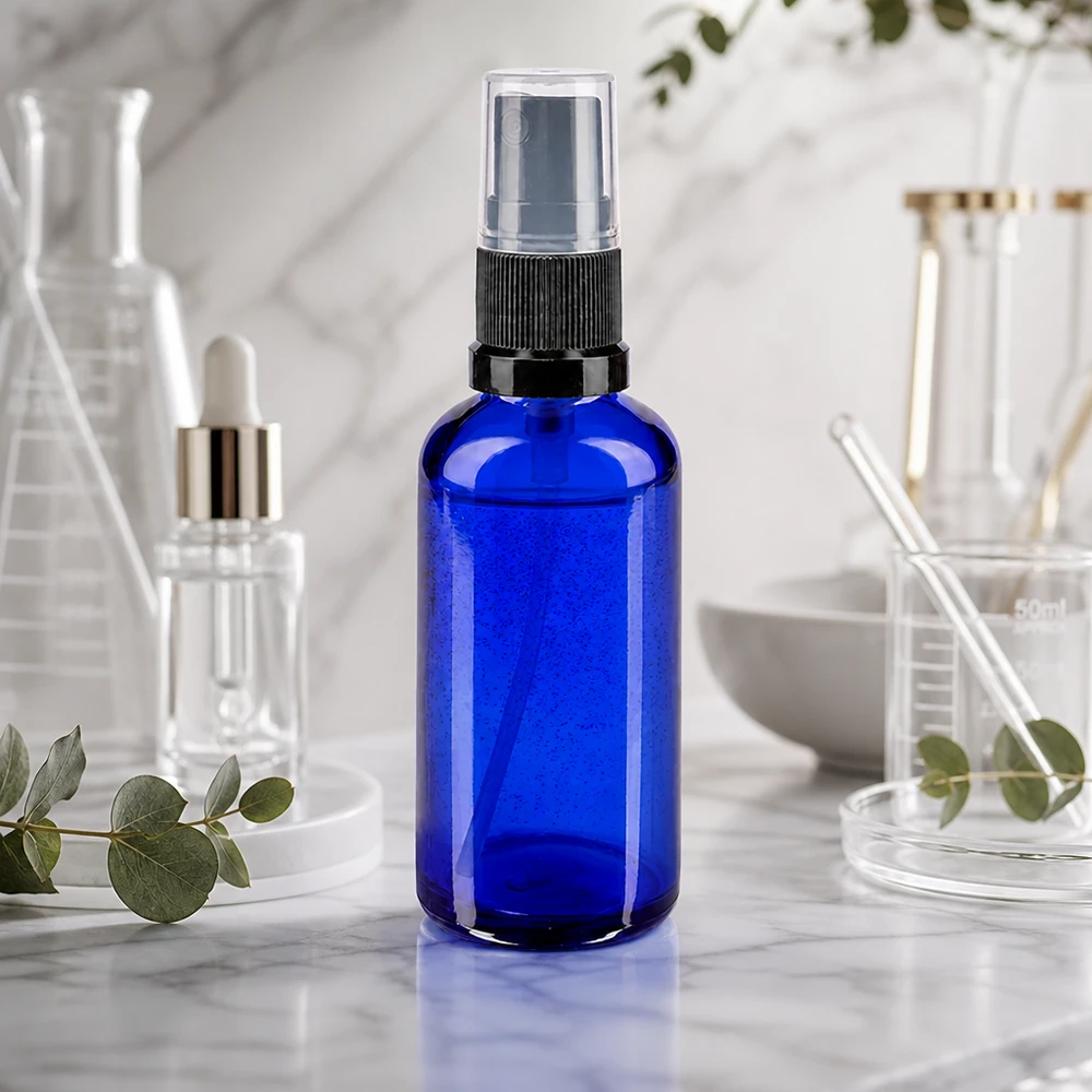 Garrafa de vidro azul de 50 ml com pulverizador de névoa fina e tampa transparente num ambiente de laboratório