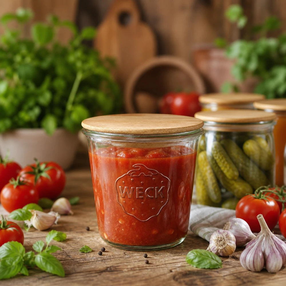 Frasco de conserva WECK de 580 ml com tampa de madeira cheio de molho de tomate, rodeado de ingredientes frescos e pepinos