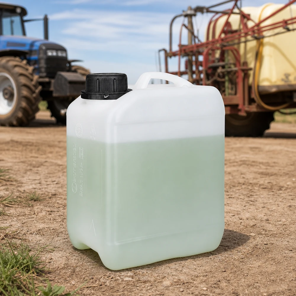 Recipiente agrícola de 2,5 litros, branco, com um líquido esverdeado e tampa de rosca preta, em utilização no campo