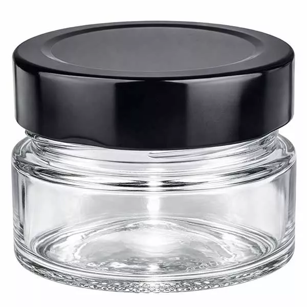 Frasco redondo de 80 ml + tampa BasicSeal preta profunda UNiTWIST Frasco redondo de 80 ml com tampa BasicSeal preta UNiTWIST tampa transparente frasco de cosméticos vazio