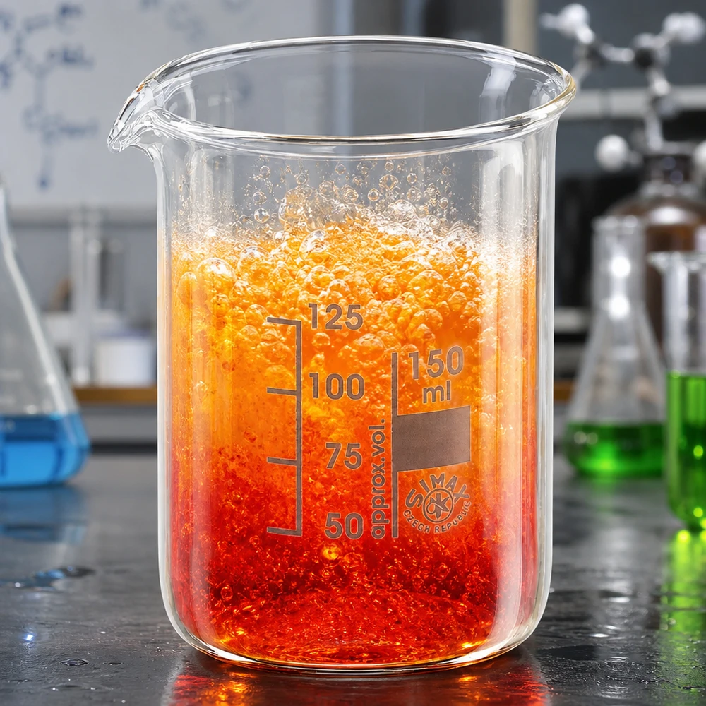 Copo de laboratório de 150 ml de forma baixa com solução de reação vermelho-alaranjada e escala milimétrica transparente