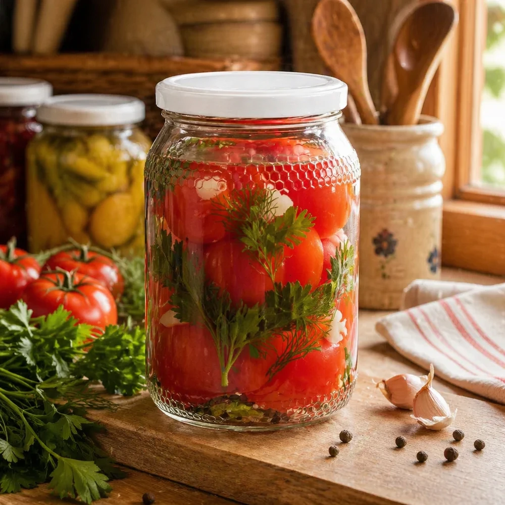 Frasco de mel de 900 ml com tomates em conserva e ervas aromáticas mostra opções de conservação Tampa BasicSeal branca